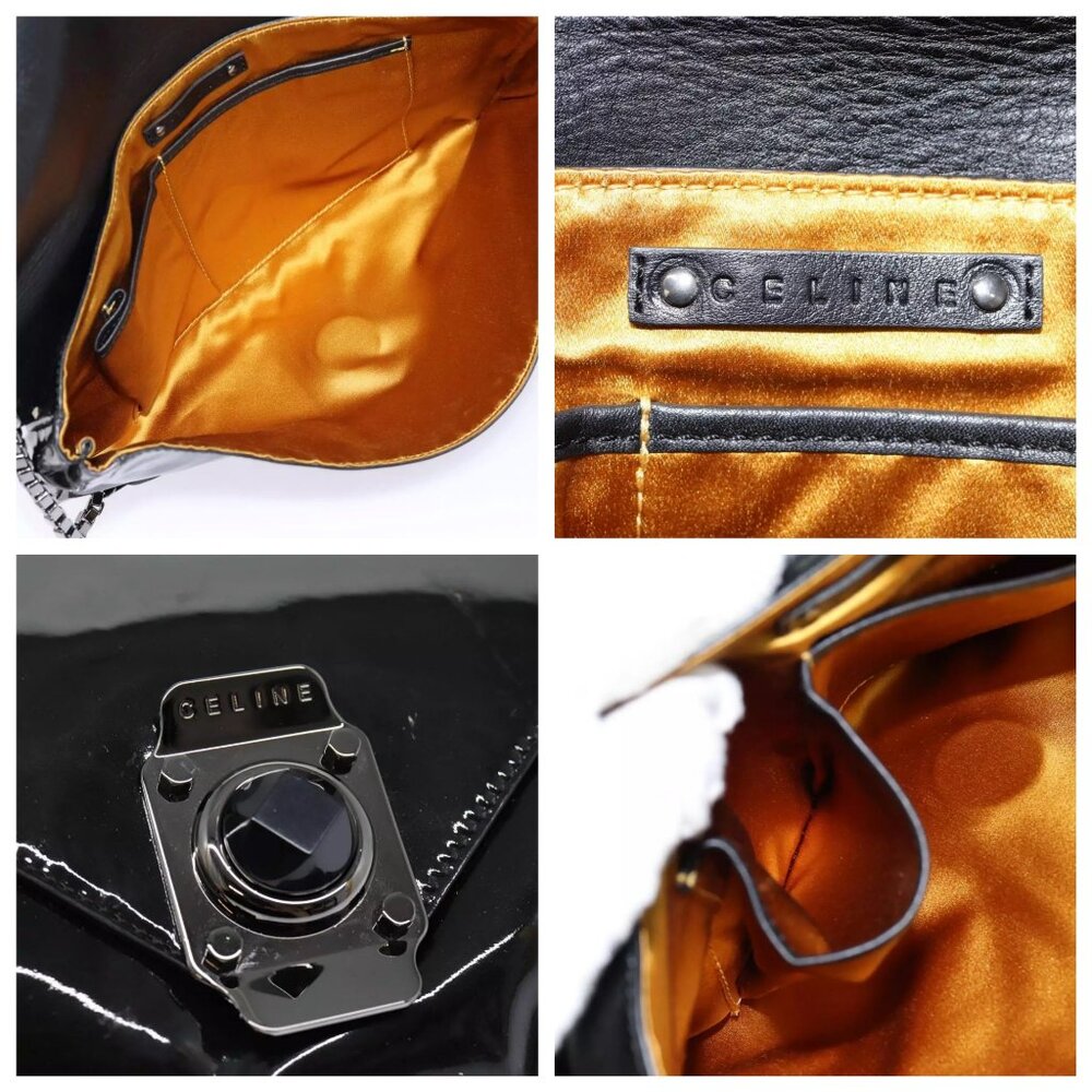 CELINE Chain Shoulder Bag Enamel Black Silver Auth - Picture 13 of 15